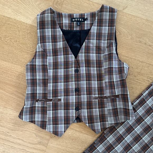 Motel X Olivia Neill Hondra Trousers & Vistana Vest Checks Size S Brown Gray - Picture 2 of 7